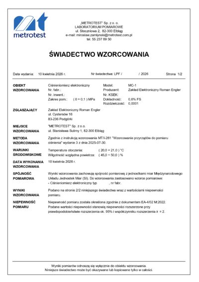 ŚWIADECTWO WZORCOWANIA